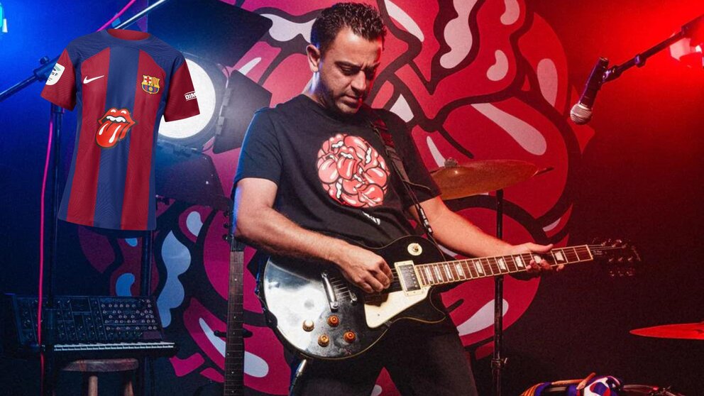 El entrenador del Barça, Xavi Hernández, con una camiseta de la línea FCB-Rolling Stones